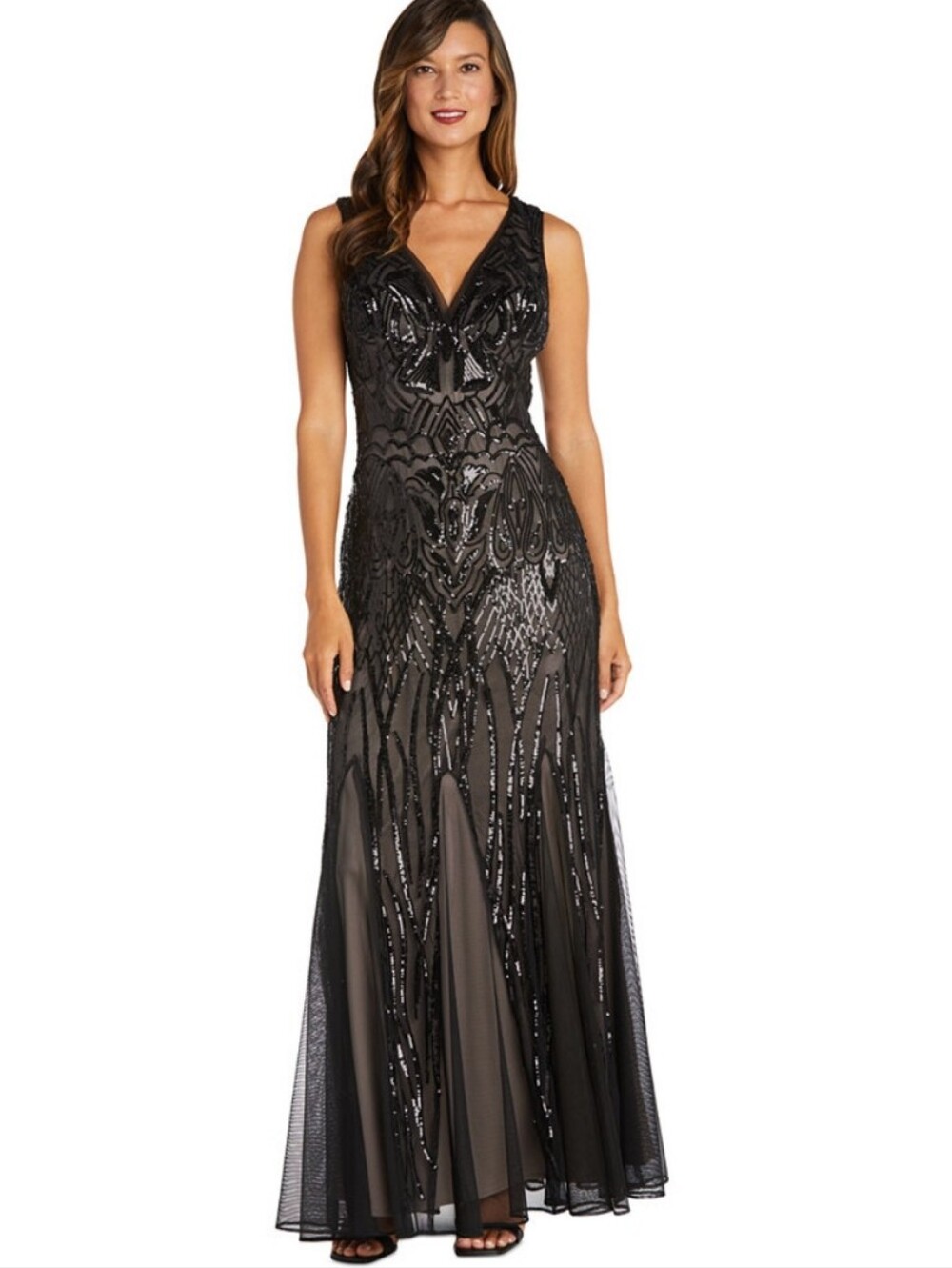 R & M Richards Petite Sequined-Pattern Evening Gown Black